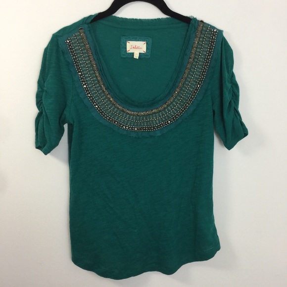 Anthropologie Tops - Deletta Teal Beaded Neck Short Sleeve Blouse Top